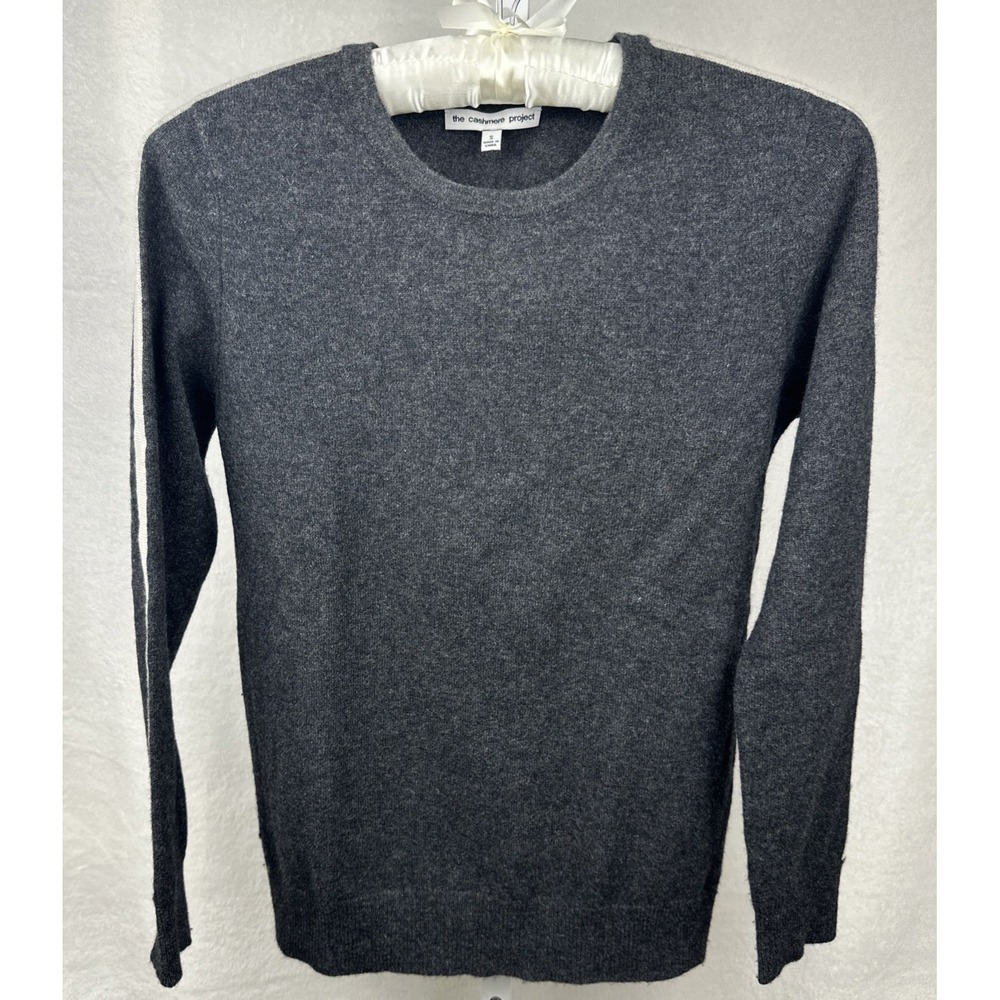 Cashmere Project Gray 100% Cashmere Crewneck Sweater White Stripe Detail